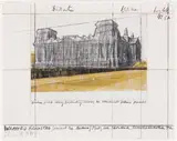 Christo, WRAPPED REICHSTAG (PROJECT FOR BERLIN), 1984, Collage mit Kreide und Emaillack über Fotografie auf Karton, auf Keilrahmen montiert und im originalen Acrylglasrahmen