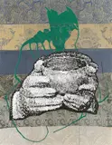 Sigmar Polke, S.H. – oder wann zählen die Punkte, 2002, Farbserigrafie und Lack auf bedrucktem Stoff
