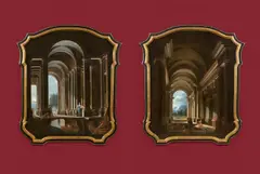Niccolò Codazzi, Paar Supraporten mit Architektur- Capricci: Dorische Säulenhalle mit Kanal und Thermenhalle mit Badenden – die Figuren von Gregorio de Ferrari (1647–1726), Um 1670, Öl auf Leinwand