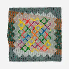 DSTI by Alan Shields, 1989, relief print in colors with stitching on thin paper, sold Sep 2021
