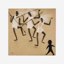 Dancing Figures with Spears by Waylande Gregory, spray paint and oil crayon on paper, sold Sep 2021
