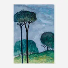 Two Trees by Gershon Benjamin, gouache on paper, sold Sep 2021