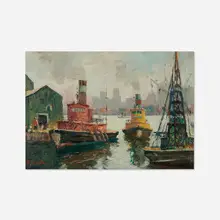 Herman Wick, Tugboats in New York Harbor, oil on canvas board