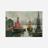 Herman Wick, Tugboats in New York Harbor, oil on canvas board