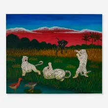 Lawrence Lebduska, Three Tigers, 1947, oil on Masonite