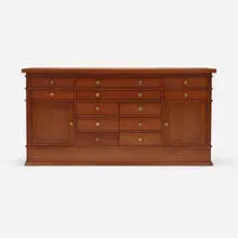 Barton breakfront by Frank Lloyd Wright, oak veneer, oak, brass, sold Aug 2023