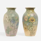 Hudson vases with hollyhocks, set of two by Mae Timberlake and Hester Pillsbury for Weller Pottery, sold Aug 2023