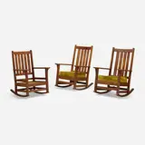 Collection of three rockers by Gustav Stickley and L. & J.G. Stickley, c. 1910-14, oak, fabric, sold Aug 2023