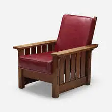 Gustav Stickley, Flat-arm Morris chair, model 332, c. 1904, oak, leather