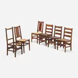 Collection of six side chairs by Gustav Stickley and L. & J.G. Stickley, 1904-1918, oak, upholstery, leather, cane, sold Aug 2023