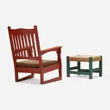 Gustav Stickley, Footstool, model 300 and Early Bungalow chair, model 2555, c. 1901-05, painted oak, birch, upholstery