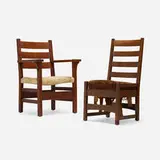 Ladderback chairs, set of two by Gustav Stickley, oak, upholstery, sold Aug 2023