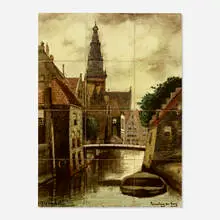 Rozenburg, Canal View with Church and Bridge (twelve-tile tableau), c. 1905, glazed earthenware