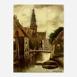 Rozenburg, Canal View with Church and Bridge (twelve-tile tableau), c. 1905, glazed earthenware
