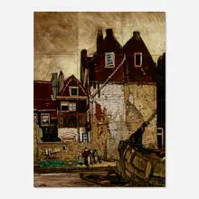 Rozenburg, Village Scene with Houses, Boats and Mother and Daughter (twelve-tile tableau), c. 1905, glazed earthenware
