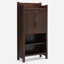 Gustav Stickley, Early writing desk, model 518, c. 1902, oak, iron