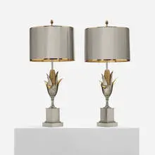 Maison Charles, table lamps, pair, c. 1970, stainless steel, brass