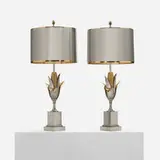 Maison Charles, table lamps, pair, c. 1970, stainless steel, brass