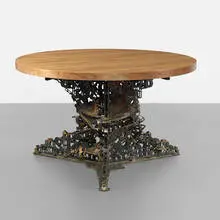 Richard Hunt, custom dining table, c. 1980, cut and welded brass, walnut, laminate