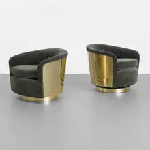 Milo Baughman, lounge chairs, pair, c. 1970, upholstery, brass