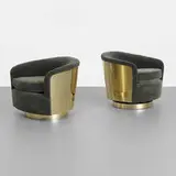 Milo Baughman, lounge chairs, pair, c. 1970, upholstery, brass