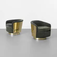 lounge chairs, pair by Milo Baughman, c. 1970, upholstery, brass, sold Sep 2013