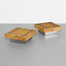 Milo Baughman, coffee tables, pair, c. 1970, burled elm, chrome-plated steel, aluminum
