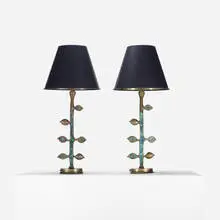 lamps, pair by Pepe Mendoza, c. 1960, brass, ceramic inlay, paper, sold Sep 2013