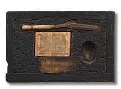Lucas Seage, Politics & Religion, hedge cutter, bible, wood and nails on cork panel