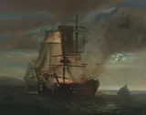 Naval skirmish at night by English School, oil on canvas, sold Mar 2023