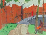 Figure on a bench, townscape by Earl George Alexander Eugene Douglas Haig, oil on canvas, sold Dec 2023