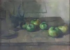 Lawrence Gowing, Apples and painting palette knives (1945), oil on canvas