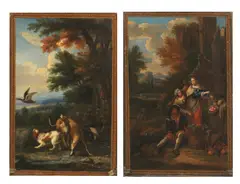 Pieter Andreas Rijsbrack, A fruit seller; Dogs flushing a duck in a landscape, oil on canvas