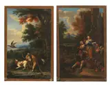 Pieter Andreas Rijsbrack, A fruit seller; Dogs flushing a duck in a landscape, oil on canvas