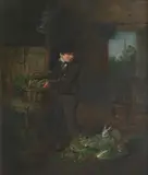 Alexander Fraser, Boy feeding rabbits, oil on canvas