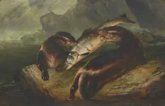 Henry Leonidas Rolfe, Otters with salmon, oil on board