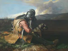 William Borthwick Johnstone Rsa, A warrior with his dog in an extensive landscape, oil on canvas