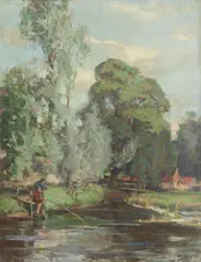 Robert Hope Rsa, Fishing by a riverside, oil on canvas