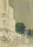 James Watterson Herald, Crowds outside building with recumbent lion statues