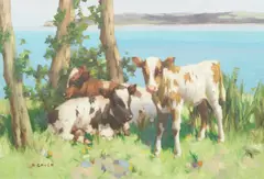 Three Calves by David Gauld, oil on canvas, offered Dec 2023