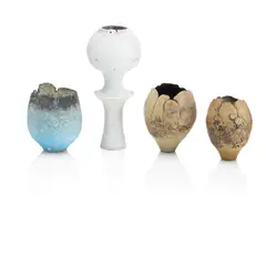 Abstract Bud Vase by Geoffrey Doonan, Cream and Amethyst glaze, offered Dec 2023