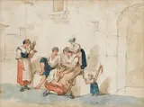 Bartolomeo Pinelli, Bull running; men playing boules; young men listening to a Neapolitan singer; a group in conversation on a street, a set of four, pencil and watercolour