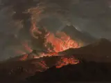 Pietro Fabris, Mount Vesuvius erupting at night with elegant figures looking on, oil on canvas