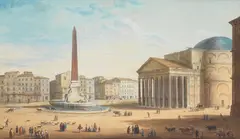 Italian School, A view of the Piazza della Rotonda, Rome with the Pantheon and numerous figures in the foreground, watercolour and gouache on paper