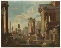 Giovanni Paolo Panini, An architectural capriccio with the equestrian statue of Marcus Aurelius, oil on canvas