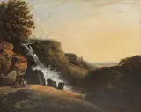 R.A. William Hodges, View of Tivoli: the Cascatelle and the Villa of Maecenas with an artist sketching in the foreground, oil on canvas