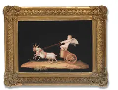Michelangelo Maestri, Cupid in a chariot drawn by goats; and Pluto in a chariot drawn by mythical beasts, a pair, gouache on paper, possibly over a printed base