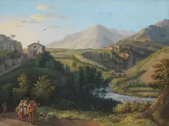 View of the convent of San Cosimato from the Aniene valley with a group of musicians in the foreground by Jacob Philipp Hackert, gouache on vellum laid on card, offered Dec 2023