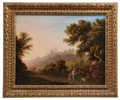 Carlo Labruzzo, An Italianate landscape with travellers on a country path; and An Italianate landscape with a drover and his herd, a pair, oil on canvas