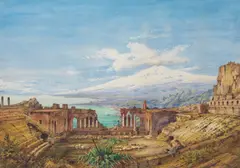 Gabriele Carelli, The Amphitheatre at Taormina, with Etna in the distance, watercolour on paper